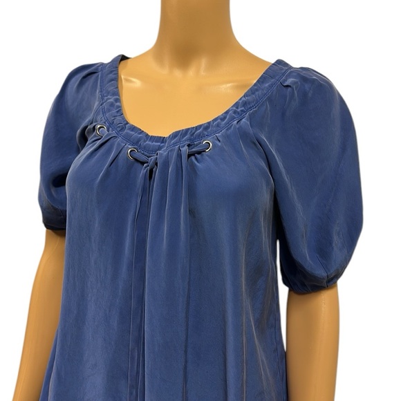 Silk Cynthia Steffe Luxury Blue Short Puff Sleeve Blouse Laced Tie Neck size XS - Picture 2 of 11